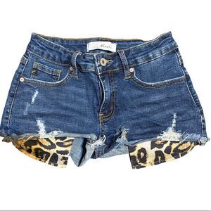 Kancan Leopard Pocket Frayed Distressed Denim Shorts Size Small
